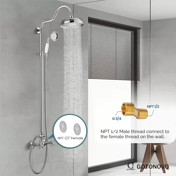 imagegotonovo Luxury Exposed Shower Faucet Set Bathroom Shower System 8 Inch Wall Mount Rainfall Shower Head with Handheld Spray Cross Double Handle Shower Fixture Adjustable Straight Rod Polish ChromePolish Chrome