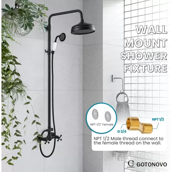 imagegotonovo Luxury Exposed Shower Faucet Set Bathroom Shower System 8 Inch Wall Mount Rainfall Shower Head with Handheld Spray Cross Double Handle Shower Fixture Adjustable Straight Rod Polish ChromeMatte Black