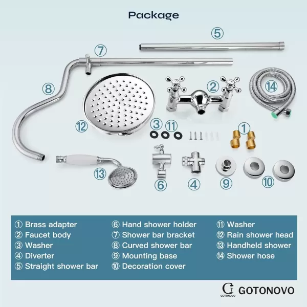 imagegotonovo Luxury Exposed Shower Faucet Set Bathroom Shower System 8 Inch Wall Mount Rainfall Shower Head with Handheld Spray Cross Double Handle Shower Fixture Adjustable Straight Rod Polish ChromePolish Chrome