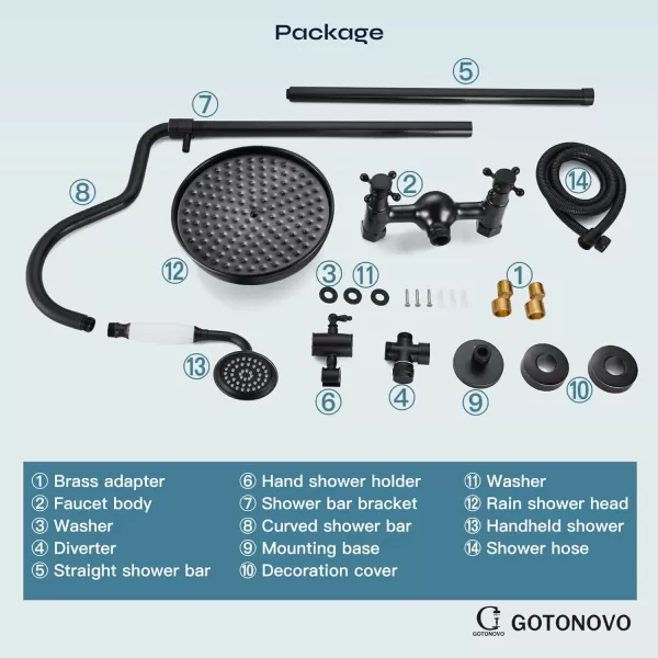 imagegotonovo Luxury Exposed Shower Faucet Set Bathroom Shower System 8 Inch Wall Mount Rainfall Shower Head with Handheld Spray Cross Double Handle Shower Fixture Adjustable Straight Rod Polish ChromeOil Rubbed Bronze
