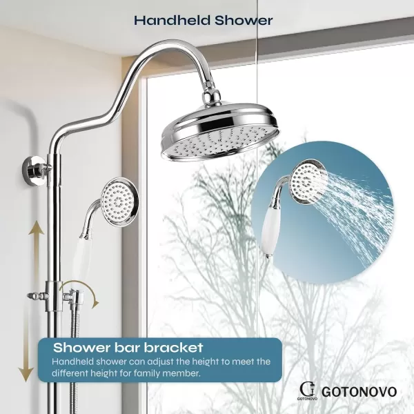 imagegotonovo Luxury Exposed Shower Faucet Set Bathroom Shower System 8 Inch Wall Mount Rainfall Shower Head with Handheld Spray Cross Double Handle Shower Fixture Adjustable Straight Rod Polish ChromePolish Chrome