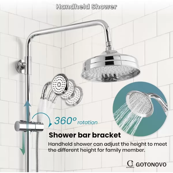 imagegotonovo Luxury Exposed Shower Faucet Set Bathroom Shower System 8 Inch Wall Mount Rainfall Shower Head with Handheld Spray Cross Double Handle Shower Fixture Adjustable Straight Rod Polish ChromePolish Chrome