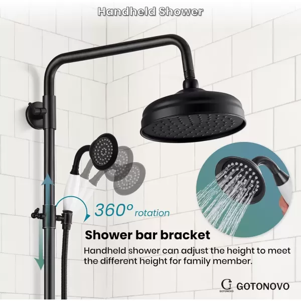 imagegotonovo Luxury Exposed Shower Faucet Set Bathroom Shower System 8 Inch Wall Mount Rainfall Shower Head with Handheld Spray Cross Double Handle Shower Fixture Adjustable Straight Rod Polish ChromeOil Rubbed Bronze