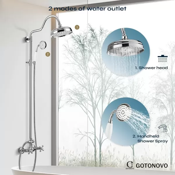 imagegotonovo Luxury Exposed Shower Faucet Set Bathroom Shower System 8 Inch Wall Mount Rainfall Shower Head with Handheld Spray Cross Double Handle Shower Fixture Adjustable Straight Rod Polish ChromePolish Chrome