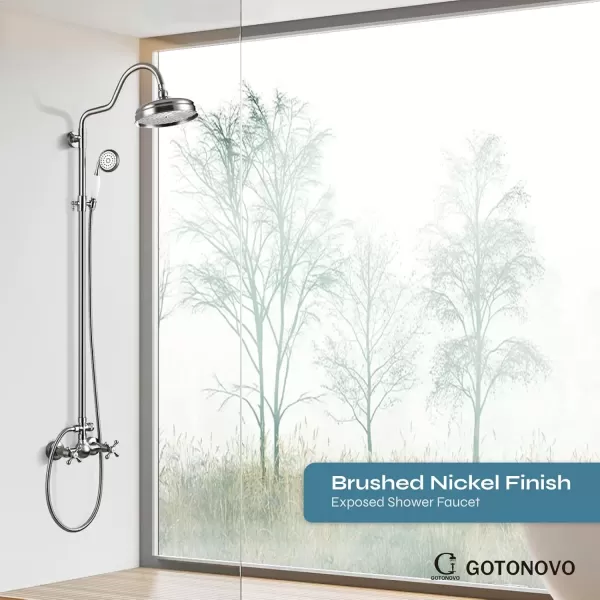 imagegotonovo Luxury Exposed Shower Faucet Set Bathroom Shower System 8 Inch Wall Mount Rainfall Shower Head with Handheld Spray Cross Double Handle Shower Fixture Adjustable Straight Rod Polish ChromeBrushed Nickel