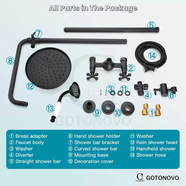 imagegotonovo Luxury Exposed Shower Faucet Set Bathroom Shower System 8 Inch Wall Mount Rainfall Shower Head with Handheld Spray Cross Double Handle Shower Fixture Adjustable Straight Rod Polish ChromeMatte Black