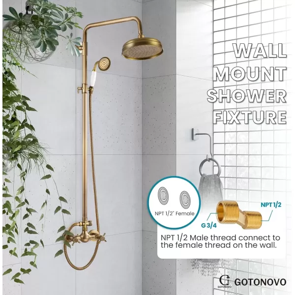 imagegotonovo Luxury Exposed Shower Faucet Set Bathroom Shower System 8 Inch Wall Mount Rainfall Shower Head with Handheld Spray Cross Double Handle Shower Fixture Adjustable Straight Rod Polish ChromeAntique Brass