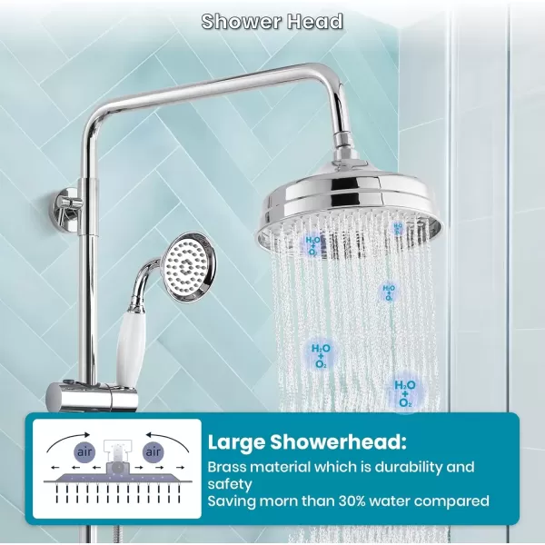 imagegotonovo Luxury Exposed Shower Faucet Set Bathroom Shower System 8 Inch Wall Mount Rainfall Shower Head with Handheld Spray Cross Double Handle Shower Fixture Adjustable Straight Rod Polish ChromePolish Chrome