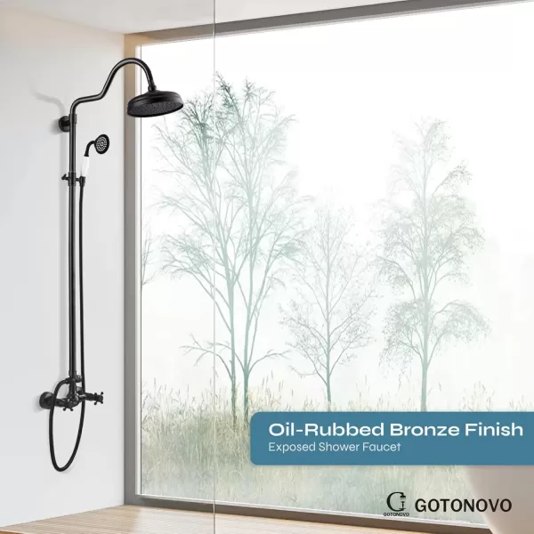 imagegotonovo Luxury Exposed Shower Faucet Set Bathroom Shower System 8 Inch Wall Mount Rainfall Shower Head with Handheld Spray Cross Double Handle Shower Fixture Adjustable Straight Rod Polish ChromeOil Rubbed Bronze