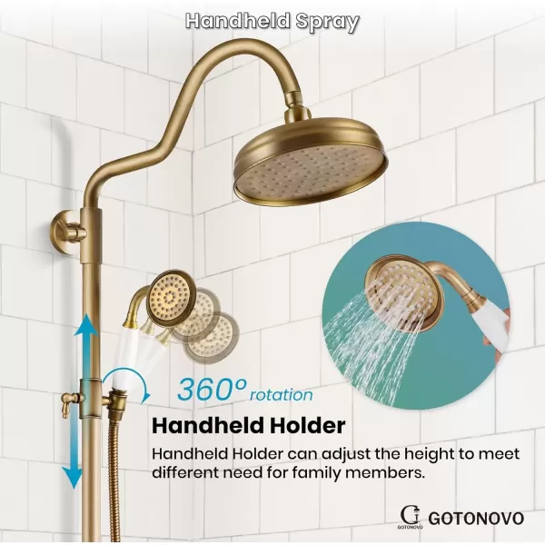 imagegotonovo Luxury Exposed Shower Faucet Set Bathroom Shower System 8 Inch Wall Mount Rainfall Shower Head with Handheld Spray Cross Double Handle Shower Fixture Adjustable Straight Rod Polish ChromeAntique Brass