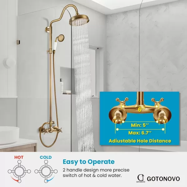 imagegotonovo Luxury Exposed Shower Faucet Set Bathroom Shower System 8 Inch Wall Mount Rainfall Shower Head with Handheld Spray Cross Double Handle Shower Fixture Adjustable Straight Rod Polish ChromeAntique Brass