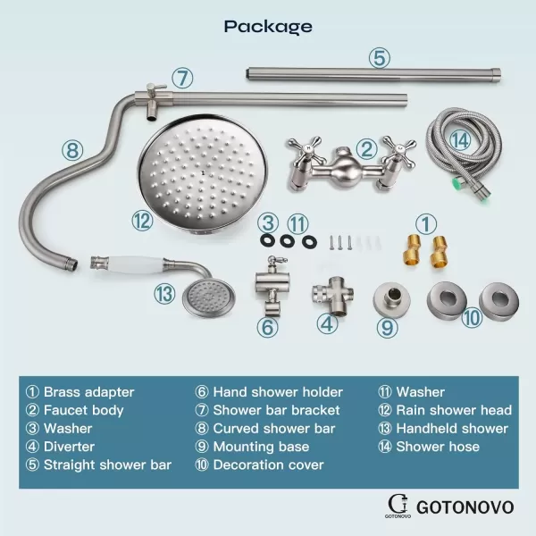 imagegotonovo Luxury Exposed Shower Faucet Set Bathroom Shower System 8 Inch Wall Mount Rainfall Shower Head with Handheld Spray Cross Double Handle Shower Fixture Adjustable Straight Rod Polish ChromeBrushed Nickel