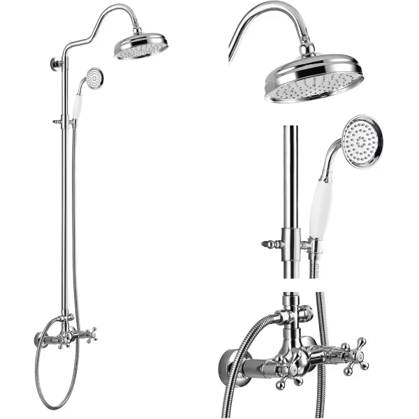imagegotonovo Luxury Exposed Shower Faucet Set Bathroom Shower System 8 Inch Wall Mount Rainfall Shower Head with Handheld Spray Cross Double Handle Shower Fixture Adjustable Straight Rod Polish ChromePolish Chrome