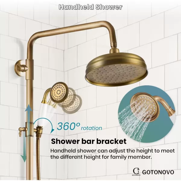 imagegotonovo Luxury Exposed Shower Faucet Set Bathroom Shower System 8 Inch Wall Mount Rainfall Shower Head with Handheld Spray Cross Double Handle Shower Fixture Adjustable Straight Rod Polish ChromeAntique Brass