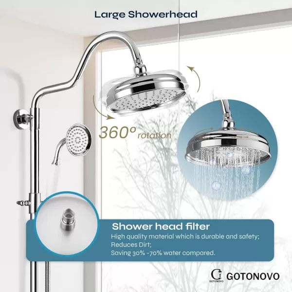 imagegotonovo Luxury Exposed Shower Faucet Set Bathroom Shower System 8 Inch Wall Mount Rainfall Shower Head with Handheld Spray Cross Double Handle Shower Fixture Adjustable Straight Rod Polish ChromePolish Chrome