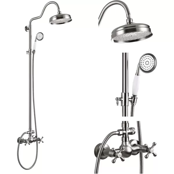 imagegotonovo Luxury Exposed Shower Faucet Set Bathroom Shower System 8 Inch Wall Mount Rainfall Shower Head with Handheld Spray Cross Double Handle Shower Fixture Adjustable Straight Rod Polish ChromeBrushed Nickel