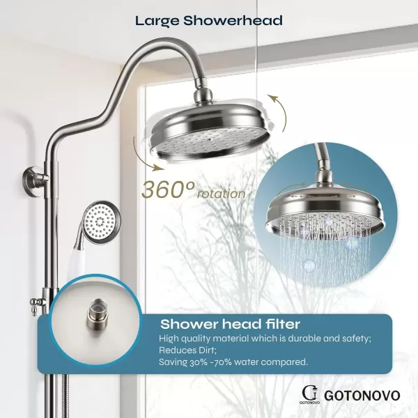 imagegotonovo Luxury Exposed Shower Faucet Set Bathroom Shower System 8 Inch Wall Mount Rainfall Shower Head with Handheld Spray Cross Double Handle Shower Fixture Adjustable Straight Rod Polish ChromeBrushed Nickel