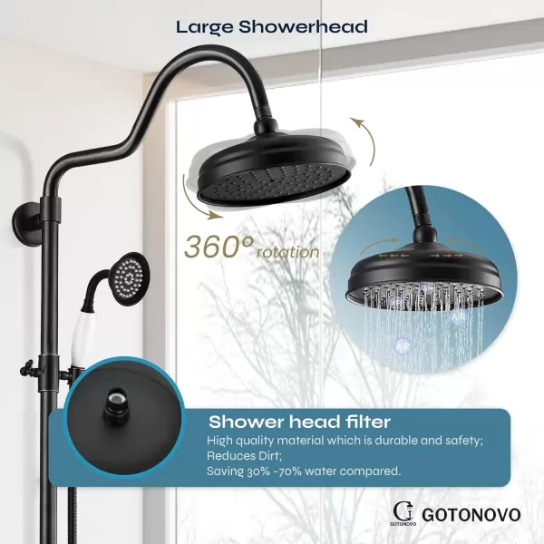 imagegotonovo Luxury Exposed Shower Faucet Set Bathroom Shower System 8 Inch Wall Mount Rainfall Shower Head with Handheld Spray Cross Double Handle Shower Fixture Adjustable Straight Rod Polish ChromeOil Rubbed Bronze