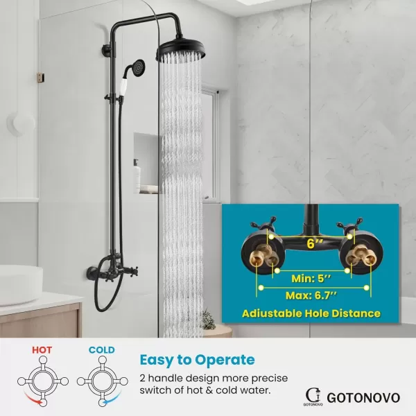 imagegotonovo Luxury Exposed Shower Faucet Set Bathroom Shower System 8 Inch Wall Mount Rainfall Shower Head with Handheld Spray Cross Double Handle Shower Fixture Adjustable Straight Rod Polish ChromeOil Rubbed Bronze