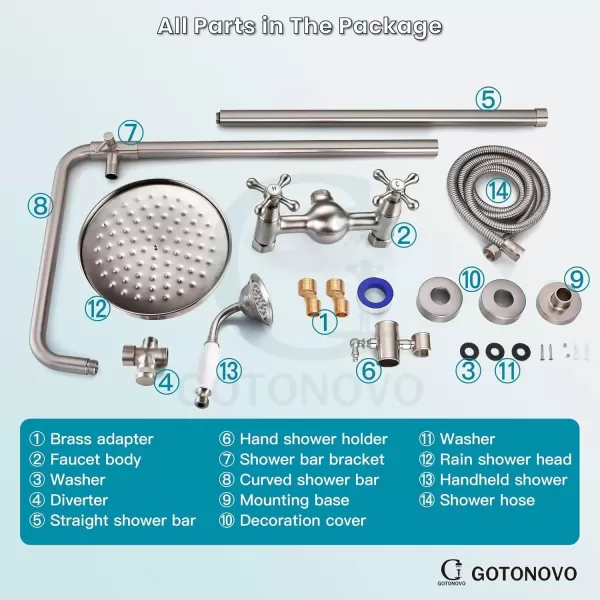 imagegotonovo Luxury Exposed Shower Faucet Set Bathroom Shower System 8 Inch Wall Mount Rainfall Shower Head with Handheld Spray Cross Double Handle Shower Fixture Adjustable Straight Rod Polish ChromeBrushed Nickel