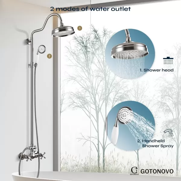 imagegotonovo Luxury Exposed Shower Faucet Set Bathroom Shower System 8 Inch Wall Mount Rainfall Shower Head with Handheld Spray Cross Double Handle Shower Fixture Adjustable Straight Rod Polish ChromeBrushed Nickel