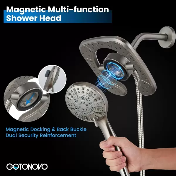 imagegotonovo Magnetic Shower Trim KitShower Faucet Set with 5Settings 2 in 1 Dual Hand Held Shower Head Magnetic Docking System Pressure Balancing Valve Included with Tub Spout Polished ChromeBrushed Nickel