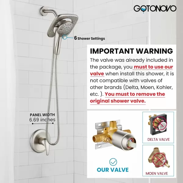 imagegotonovo Magnetic Shower Trim KitShower Faucet Set with 5Settings 2 in 1 Dual Hand Held Shower Head Magnetic Docking System Pressure Balancing Valve Included with Tub Spout Polished ChromeBrushed Nickel