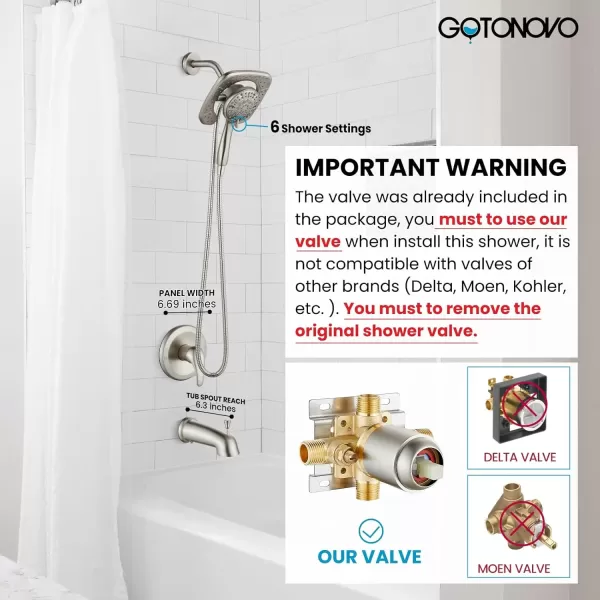 imagegotonovo Magnetic Shower Trim KitShower Faucet Set with 5Settings 2 in 1 Dual Hand Held Shower Head Magnetic Docking System Pressure Balancing Valve Included with Tub Spout Polished ChromeBrushed Nickel