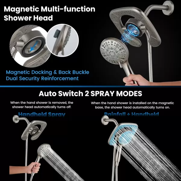 imagegotonovo Magnetic Shower Trim KitShower Faucet Set with 5Settings 2 in 1 Dual Hand Held Shower Head Magnetic Docking System Pressure Balancing Valve Included with Tub Spout Polished ChromeBrushed Nickel