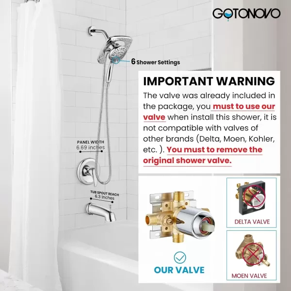 imagegotonovo Magnetic Shower Trim KitShower Faucet Set with 5Settings 2 in 1 Dual Hand Held Shower Head Magnetic Docking System Pressure Balancing Valve Included with Tub Spout Polished ChromePolished Chrome