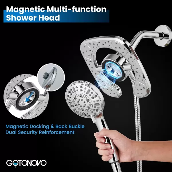 imagegotonovo Magnetic Shower Trim KitShower Faucet Set with 5Settings 2 in 1 Dual Hand Held Shower Head Magnetic Docking System Pressure Balancing Valve Included with Tub Spout Polished ChromePolished Chrome