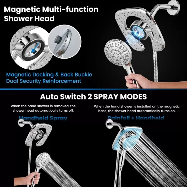 imagegotonovo Magnetic Shower Trim KitShower Faucet Set with 5Settings 2 in 1 Dual Hand Held Shower Head Magnetic Docking System Pressure Balancing Valve Included with Tub Spout Polished ChromePolished Chrome