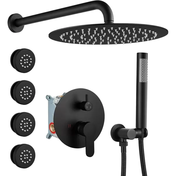 imagegotonovo Matte Black 10 Wall Mount Shower System with Body Jets Round Rain Shower Head Combo Set with Handheld Shower High Pressure Roughin Valve and Trim Included 4PCS Body Spray Jets4PCS Body Spray Jets