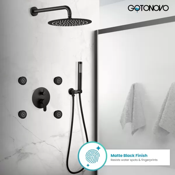 imagegotonovo Matte Black 10 Wall Mount Shower System with Body Jets Round Rain Shower Head Combo Set with Handheld Shower High Pressure Roughin Valve and Trim Included 4PCS Body Spray Jets4PCS Body Spray Jets