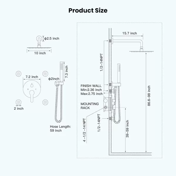 imagegotonovo Matte Black 10 Wall Mount Shower System with Body Jets Round Rain Shower Head Combo Set with Handheld Shower High Pressure Roughin Valve and Trim Included 4PCS Body Spray Jets4PCS Body Spray Jets