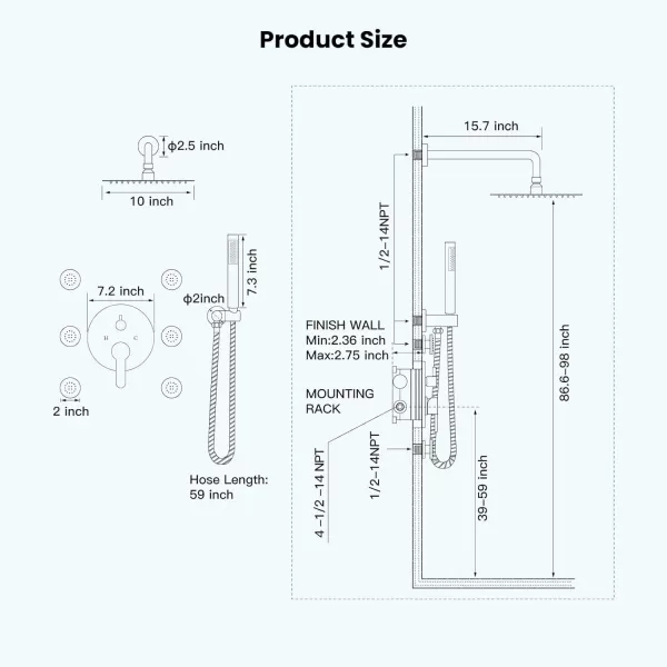 imagegotonovo Matte Black 10 Wall Mount Shower System with Body Jets Round Rain Shower Head Combo Set with Handheld Shower High Pressure Roughin Valve and Trim Included 4PCS Body Spray Jets6PCS Body Spray Jets