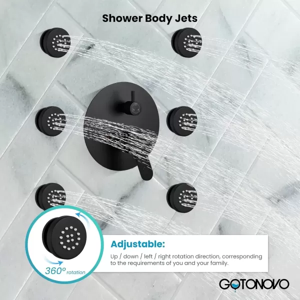 imagegotonovo Matte Black 10 Wall Mount Shower System with Body Jets Round Rain Shower Head Combo Set with Handheld Shower High Pressure Roughin Valve and Trim Included 4PCS Body Spray Jets6PCS Body Spray Jets