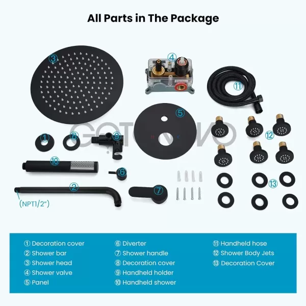 imagegotonovo Matte Black 10 Wall Mount Shower System with Body Jets Round Rain Shower Head Combo Set with Handheld Shower High Pressure Roughin Valve and Trim Included 4PCS Body Spray Jets6PCS Body Spray Jets