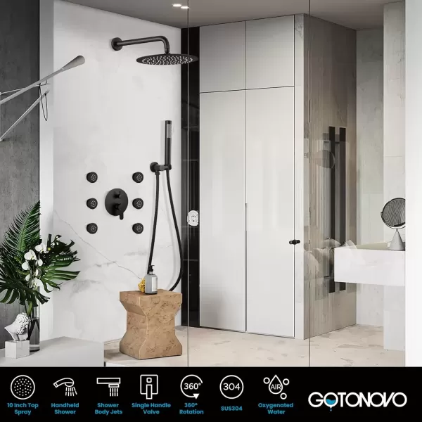 imagegotonovo Matte Black 10 Wall Mount Shower System with Body Jets Round Rain Shower Head Combo Set with Handheld Shower High Pressure Roughin Valve and Trim Included 4PCS Body Spray Jets6PCS Body Spray Jets