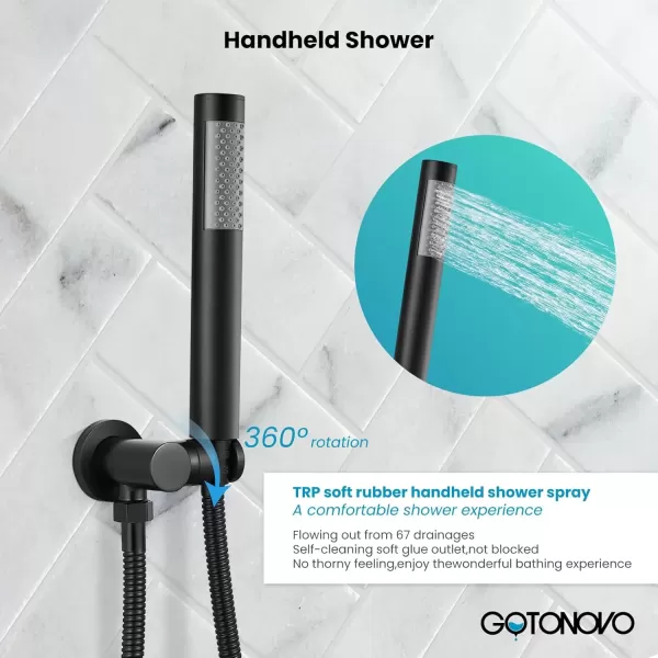 imagegotonovo Matte Black 10 Wall Mount Shower System with Body Jets Round Rain Shower Head Combo Set with Handheld Shower High Pressure Roughin Valve and Trim Included 4PCS Body Spray Jets4PCS Body Spray Jets