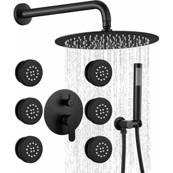 imagegotonovo Matte Black 10 Wall Mount Shower System with Body Jets Round Rain Shower Head Combo Set with Handheld Shower High Pressure Roughin Valve and Trim Included 4PCS Body Spray Jets6PCS Body Spray Jets