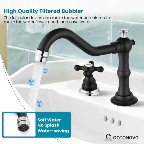 imagegotonovo Matte Black 3 Hole Bathroom Faucet 2 Cross Handles 8 Inch Widespread Bathroom Sink Faucet Deck Mount Vintage Mixer Tap with Supply Hoses and Pop Up DrainMatte Black and Polish Chrome