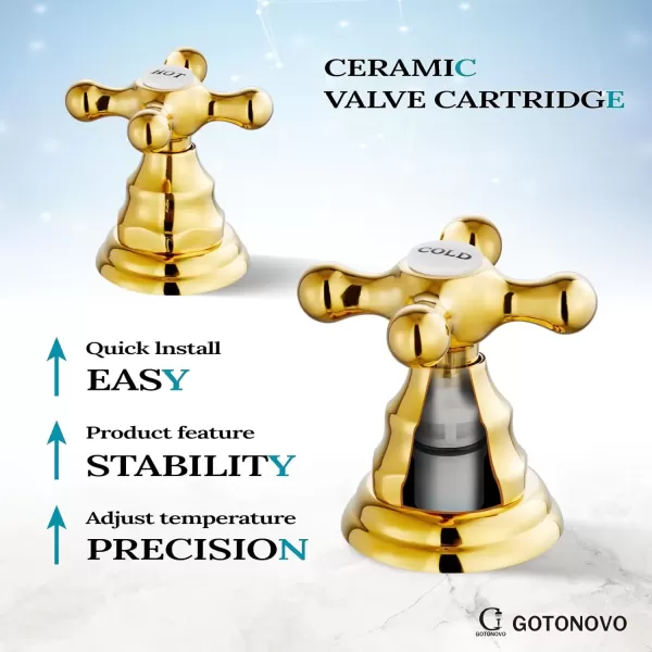 imagegotonovo Matte Black 3 Hole Bathroom Faucet 2 Cross Handles 8 Inch Widespread Bathroom Sink Faucet Deck Mount Vintage Mixer Tap with Supply Hoses and Pop Up DrainPolish Gold