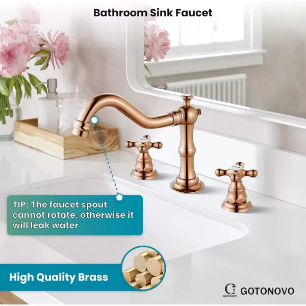 imagegotonovo Matte Black 3 Hole Bathroom Faucet 2 Cross Handles 8 Inch Widespread Bathroom Sink Faucet Deck Mount Vintage Mixer Tap with Supply Hoses and Pop Up DrainRose Gold