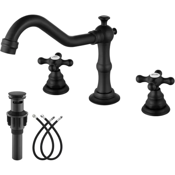 imagegotonovo Matte Black 3 Hole Bathroom Faucet 2 Cross Handles 8 Inch Widespread Bathroom Sink Faucet Deck Mount Vintage Mixer Tap with Supply Hoses and Pop Up DrainMatte Black