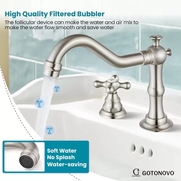 imagegotonovo Matte Black 3 Hole Bathroom Faucet 2 Cross Handles 8 Inch Widespread Bathroom Sink Faucet Deck Mount Vintage Mixer Tap with Supply Hoses and Pop Up DrainBrushed Nickel