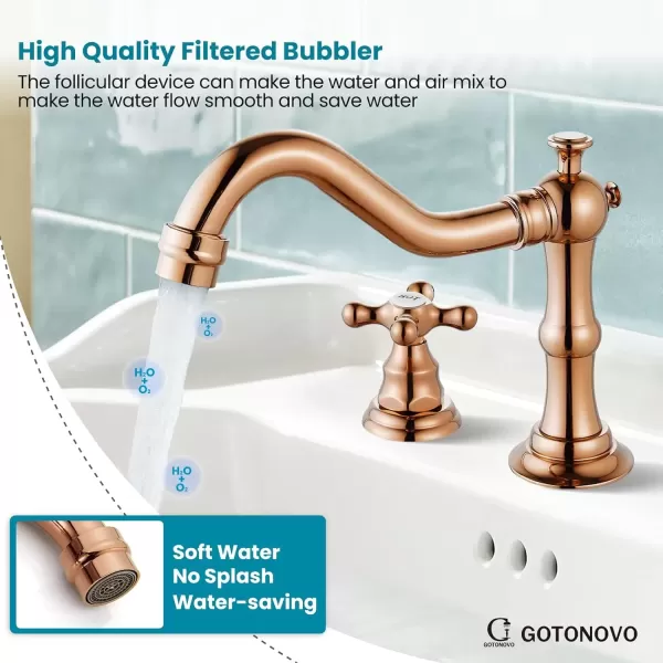 imagegotonovo Matte Black 3 Hole Bathroom Faucet 2 Cross Handles 8 Inch Widespread Bathroom Sink Faucet Deck Mount Vintage Mixer Tap with Supply Hoses and Pop Up DrainRose Gold
