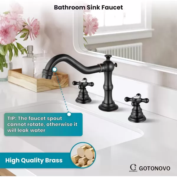 imagegotonovo Matte Black 3 Hole Bathroom Faucet 2 Cross Handles 8 Inch Widespread Bathroom Sink Faucet Deck Mount Vintage Mixer Tap with Supply Hoses and Pop Up DrainOil Rubbed Bronze