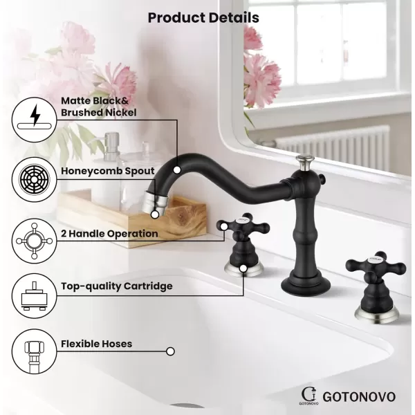 imagegotonovo Matte Black 3 Hole Bathroom Faucet 2 Cross Handles 8 Inch Widespread Bathroom Sink Faucet Deck Mount Vintage Mixer Tap with Supply Hoses and Pop Up DrainMatte Black and Brushed Nickel