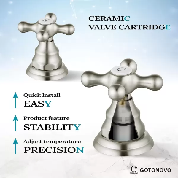 imagegotonovo Matte Black 3 Hole Bathroom Faucet 2 Cross Handles 8 Inch Widespread Bathroom Sink Faucet Deck Mount Vintage Mixer Tap with Supply Hoses and Pop Up DrainBrushed Nickel